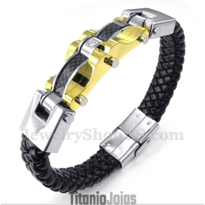 Pulseira Masculina De Couro E Fibra De Carbono E Titânio