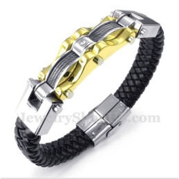 Pulseira Masculina De Couro Com Cabo Dourado E Titânio
