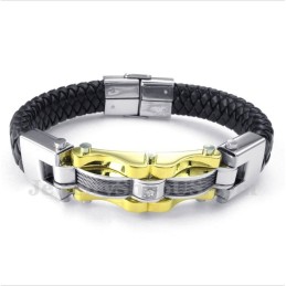 Pulseira Masculina De Couro Com Cabo Dourado E Titânio