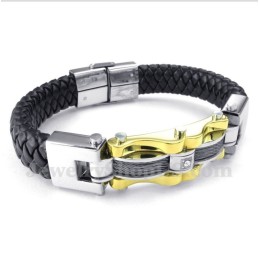 Pulseira Masculina De Couro Com Cabo Dourado E Titânio