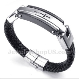 Pulseira Masculina De Couro Com Cruz De Cristal Preto E Titânio