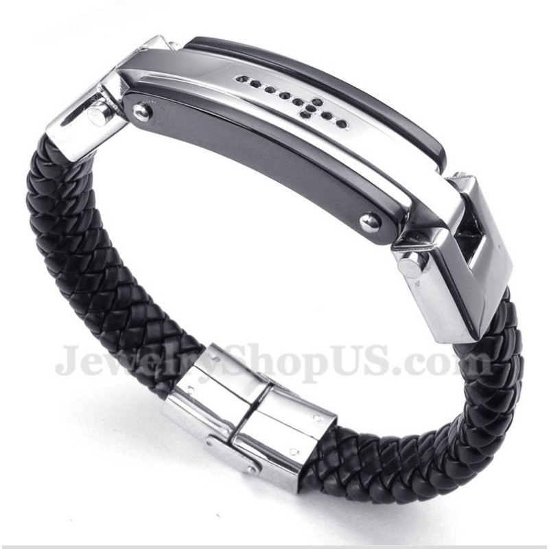 Pulseira Masculina De Couro Com Cruz De Cristal Preto E Titânio Pulseira Masculina De Couro Com Cruz De Cristal Preto E Titânio