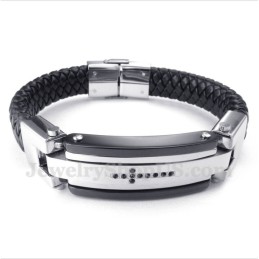 Pulseira Masculina De Couro Com Cruz De Cristal Preto E Titânio