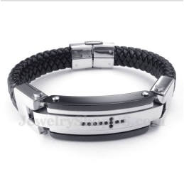 Pulseira Masculina De Couro Com Cruz De Cristal Preto E Titânio