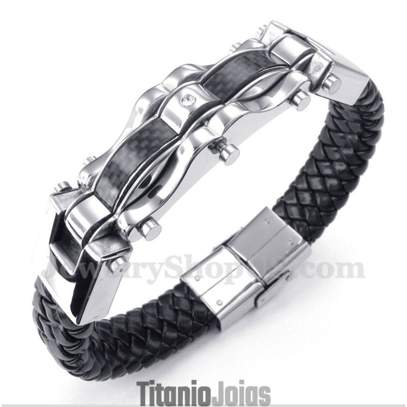 Pulseira Masculina De Couro E Fibra De Carbono E Titânio Pulseira Masculina De Couro E Fibra De Carbono E Titânio