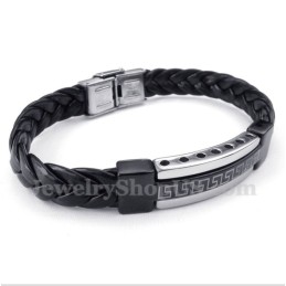 Pulseira Masculina De Couro Com Padrão Grego Meandro Em Titânio