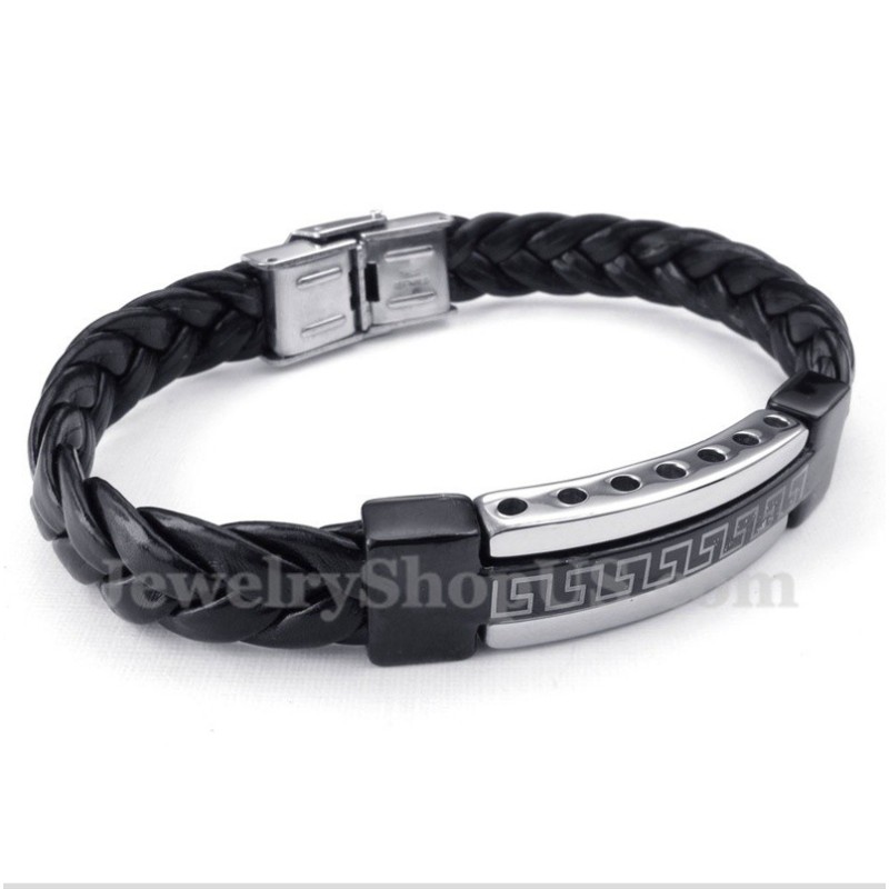 Pulseira Masculina De Couro Com Padrão Grego Meandro Em Titânio Pulseira Masculina De Couro Com Padrão Grego Meandro Em Titânio