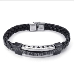 Pulseira Masculina De Couro Com Padrão Grego Meandro Em Titânio