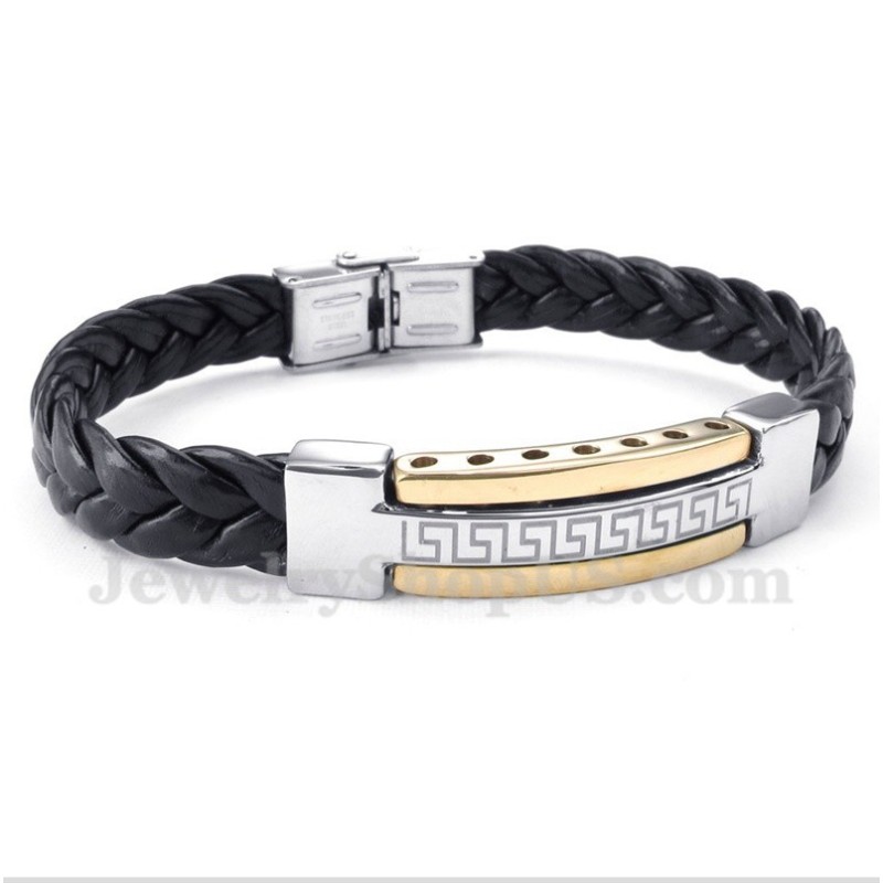 Pulseira Masculina De Couro Dourado Com Padrão Grego Meandro Em Titânio