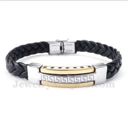 Pulseira Masculina De Couro Dourado Com Padrão Grego Meandro Em Titânio