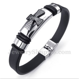 Pulseira Masculina De Titânio Com Padrão Grego Meandro E Cruz De Borracha