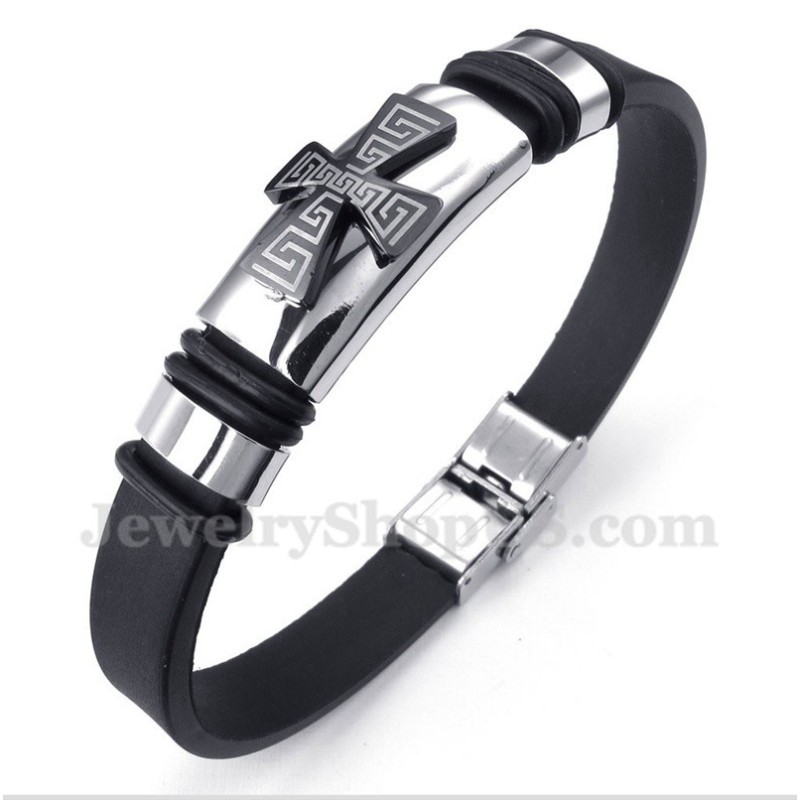 Pulseira Masculina De Titânio Com Padrão Grego Meandro E Cruz De Borracha Pulseira Masculina De Titânio Com Padrão Grego Meandro E Cruz De Borracha