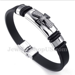 Pulseira Masculina De Titânio Com Padrão Grego Meandro E Cruz De Borracha