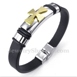 Pulseira Masculina De Titânio Com Padrão Grego Meandro E Cruz Dourada De Borracha