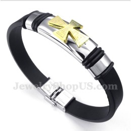 Pulseira Masculina De Titânio Com Padrão Grego Meandro E Cruz Dourada De Borracha