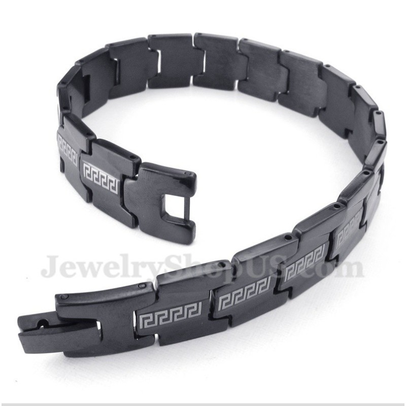 Pulseira Masculina Preta Com Padrão Grego Meandro Em Titânio Pulseira Masculina Preta Com Padrão Grego Meandro Em Titânio