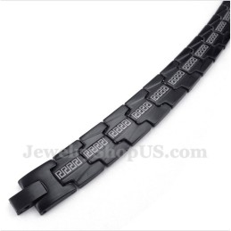 Pulseira Masculina Preta Com Padrão Grego Meandro Em Titânio