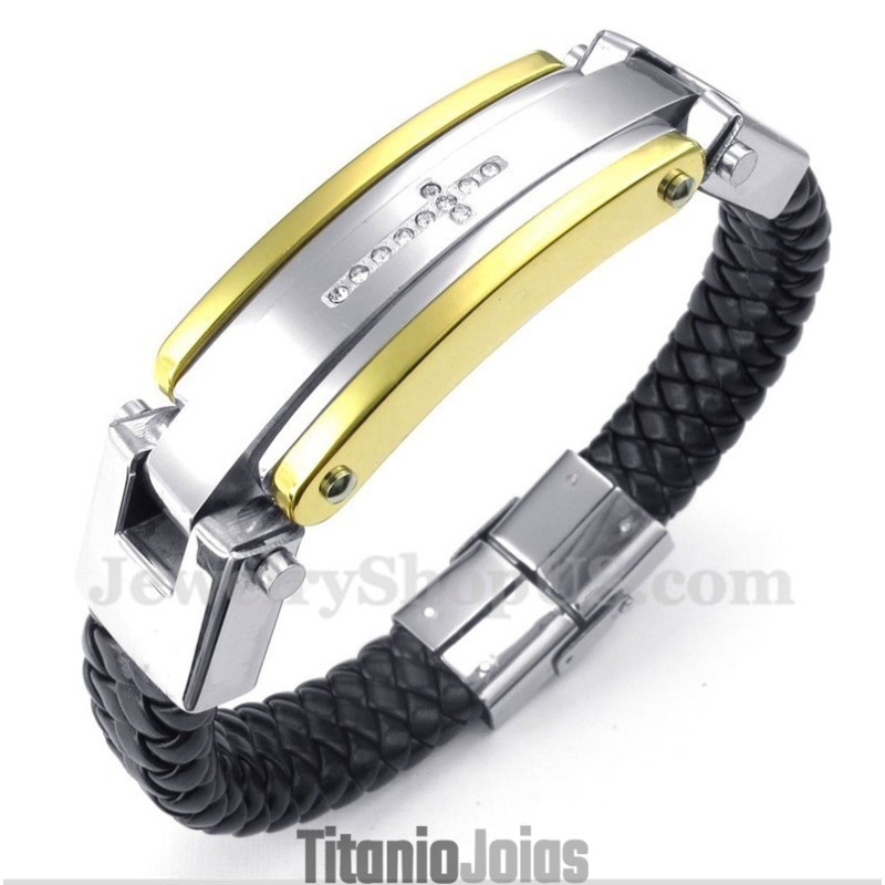 Pulseira Masculina De Couro Com Cruz De Diamante E Titânio Pulseira Masculina De Couro Com Cruz De Diamante E Titânio
