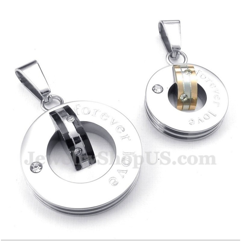 Pingente Redondo De Casal Com Diamante E Titânio Forever Love Com Corrente Grátis (Um Par) Pingente Redondo De Casal Com Diamante E Titânio Forever Love Com Corrente Grátis (Um Par)