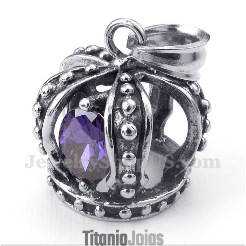 Pingente De Coroa De Cristal Roxo De Titânio Masculino Com Corrente Grátis