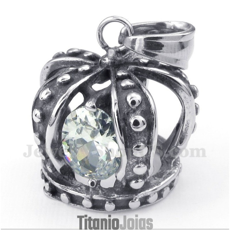 Pingente De Coroa De Cristal Branco De Titânio Masculino Com Corrente Grátis