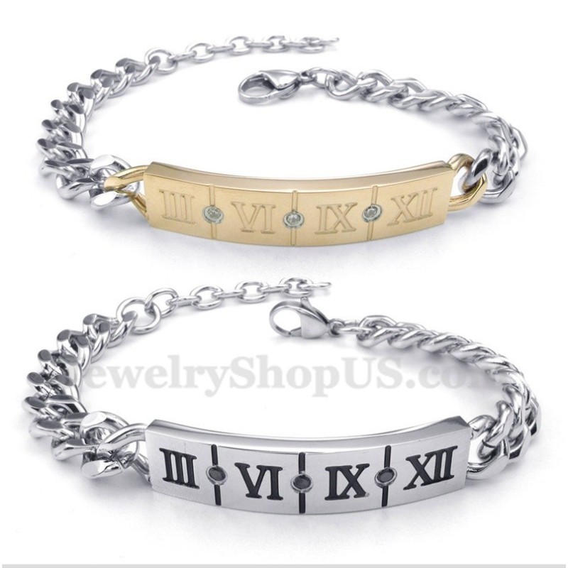 Pulseira De Casal De Diamantes Com Algarismos Romanos De Titânio (Um Par) Pulseira De Casal De Diamantes Com Algarismos Romanos De Titânio (Um Par)