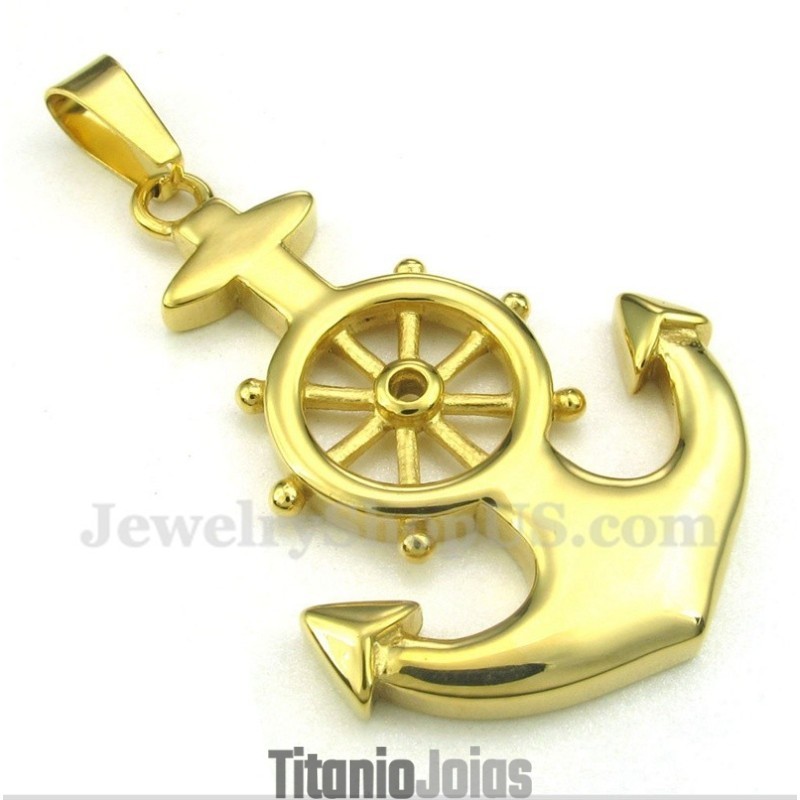Pingente De Leme De Titânio Dourado Masculino Com Corrente Grátis Pingente De Leme De Titânio Dourado Masculino Com Corrente Grátis