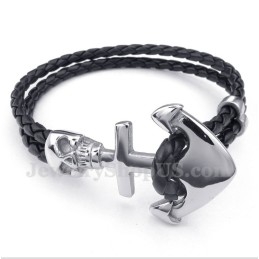 Pulseira Masculina De Couro De Âncora E Titânio