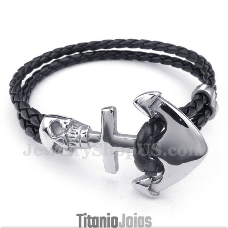 Pulseira Masculina De Couro De Âncora E Titânio Pulseira Masculina De Couro De Âncora E Titânio
