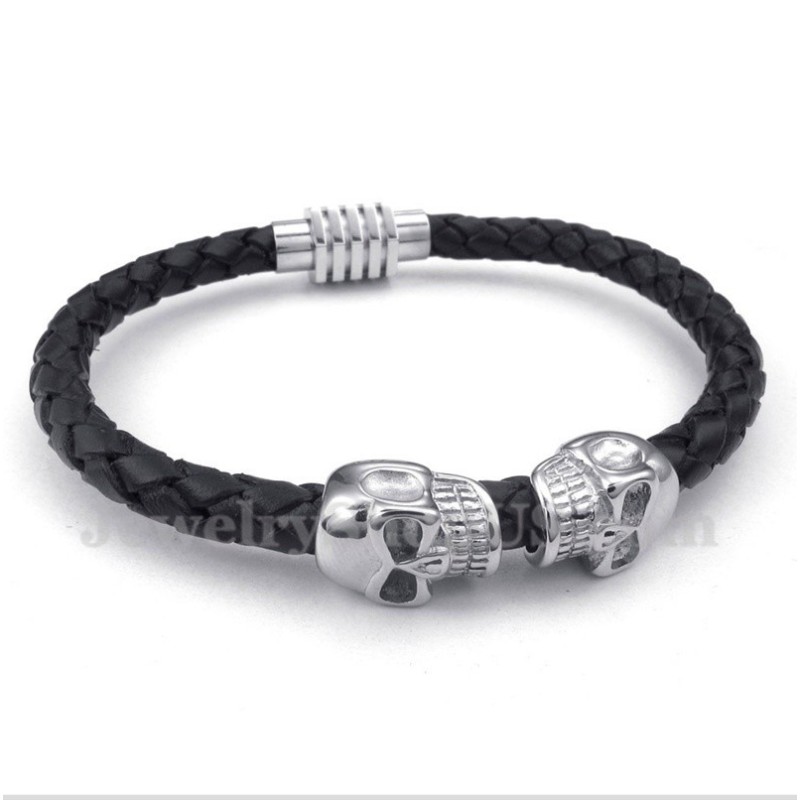 Pulseira Masculina De Couro De Caveira E Titânio Pulseira Masculina De Couro De Caveira E Titânio