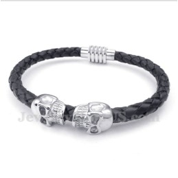 Pulseira Masculina De Couro De Caveira E Titânio