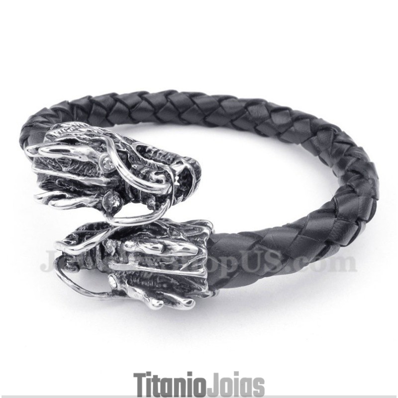 Pulseira De Couro Com Cabeça De Dragão Chinês Masculina