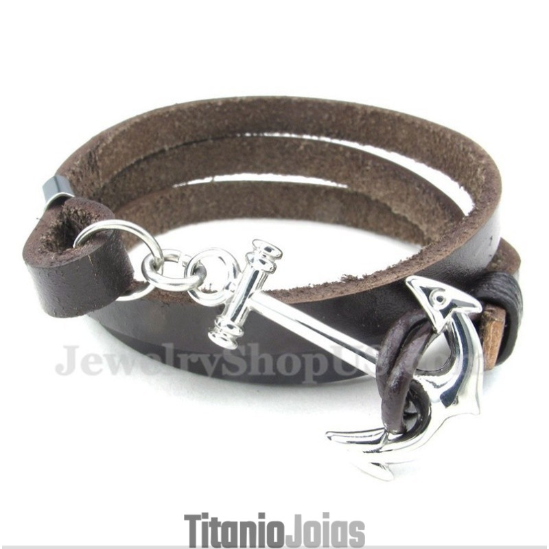 Pulseira De Âncora De Couro De Titânio Masculina
