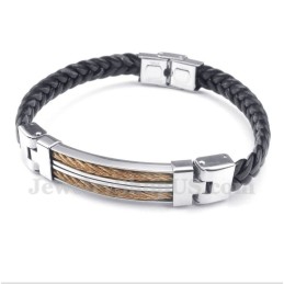 Pulseira Masculina De Couro E Ouro Rosa Em Titânio