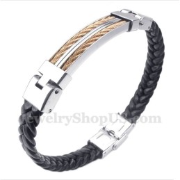 Pulseira Masculina De Couro E Ouro Rosa Em Titânio
