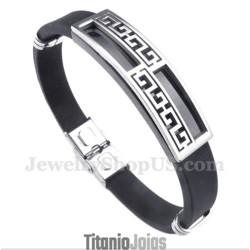 Pulseira Masculina De Titânio E Borracha Com Padrão Grego Meandro Pulseira Masculina De Titânio E Borracha Com Padrão Grego Meandro