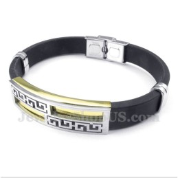 Pulseira Masculina De Titânio E Borracha Dourada Com Padrão Grego Meandro