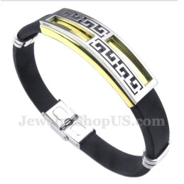 Pulseira Masculina De Titânio E Borracha Dourada Com Padrão Grego Meandro
