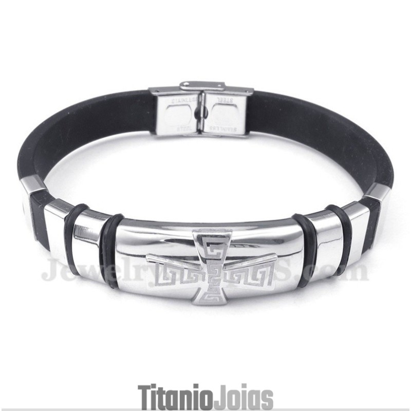 Pulseira Masculina De Titânio E Borracha Com Padrão Grego Meandro Pulseira Masculina De Titânio E Borracha Com Padrão Grego Meandro