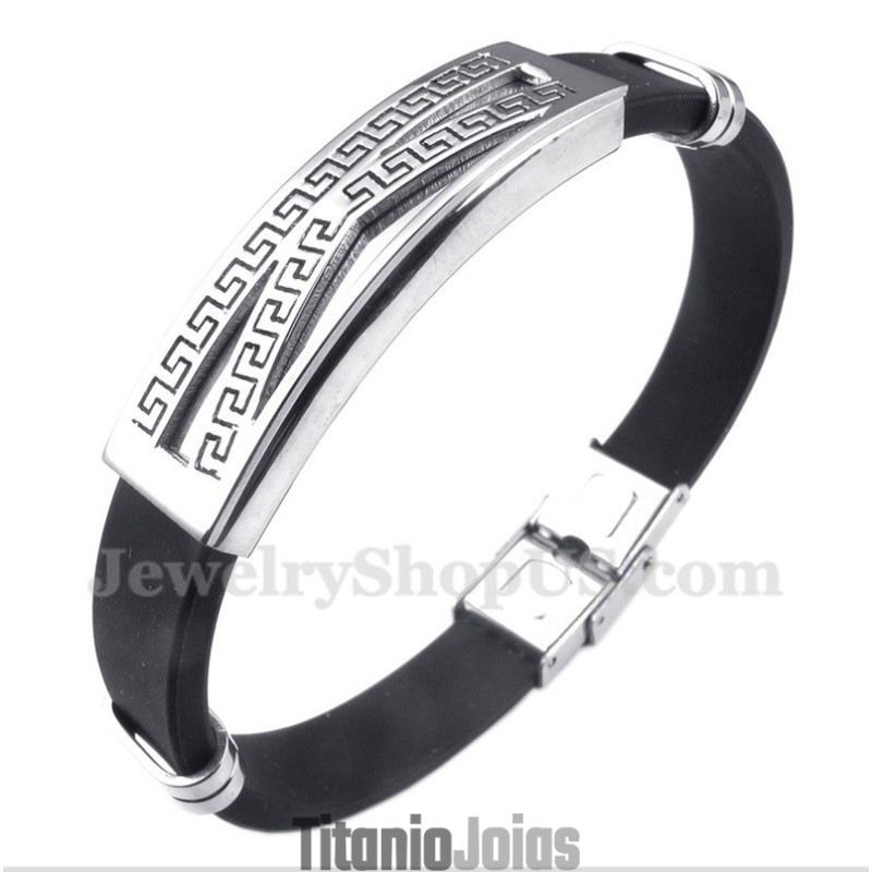 Pulseira Masculina De Titânio E Borracha Com Padrão Grego Meandro