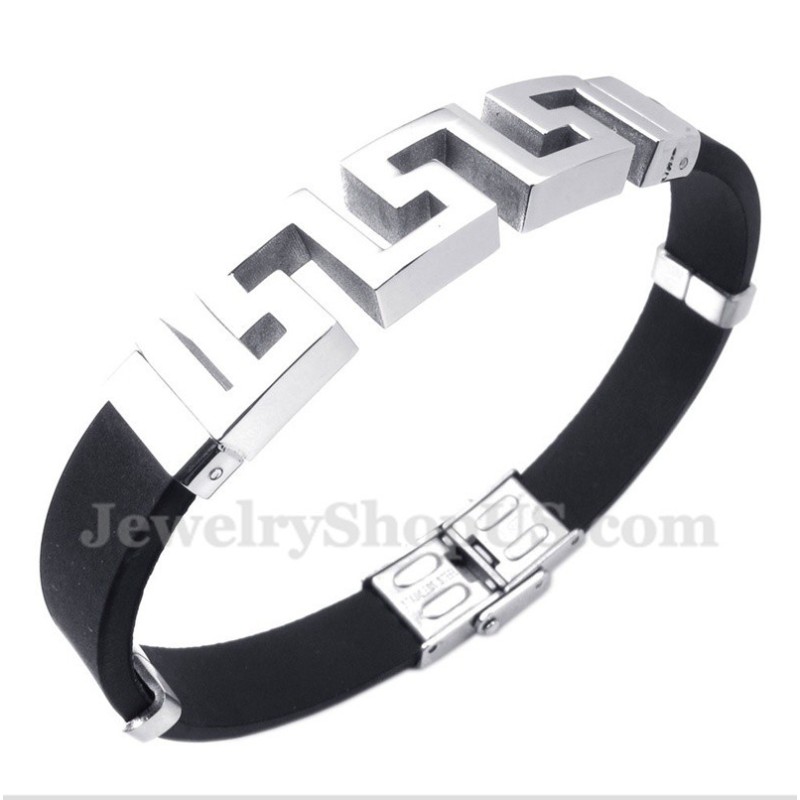 Pulseira Masculina De Titânio E Borracha Com Padrão Grego Meandro