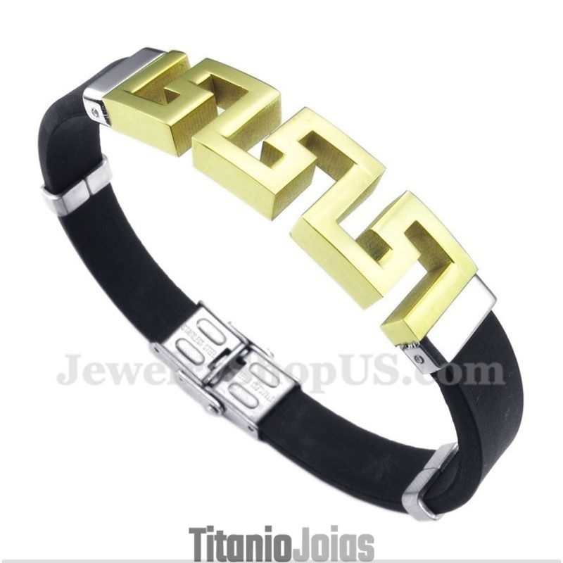 Pulseira Masculina De Titânio E Borracha Dourada Com Padrão Grego Meandro Pulseira Masculina De Titânio E Borracha Dourada Com Padrão Grego Meandro