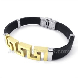 Pulseira Masculina De Titânio E Borracha Dourada Com Padrão Grego Meandro