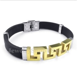 Pulseira Masculina De Titânio E Borracha Dourada Com Padrão Grego Meandro
