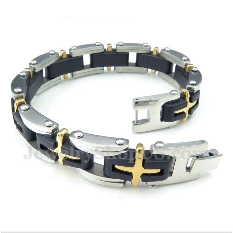 Pulseira Masculina De Titânio E Ouro Com Cruz