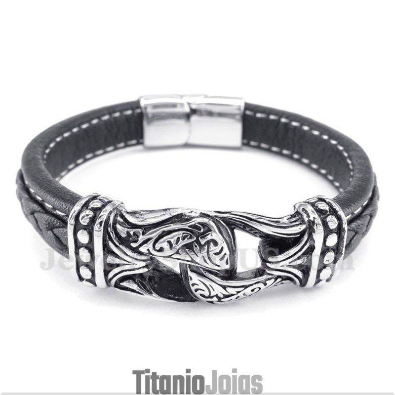Pulseira Masculina De Couro De Titânio Preto Pulseira Masculina De Couro De Titânio Preto