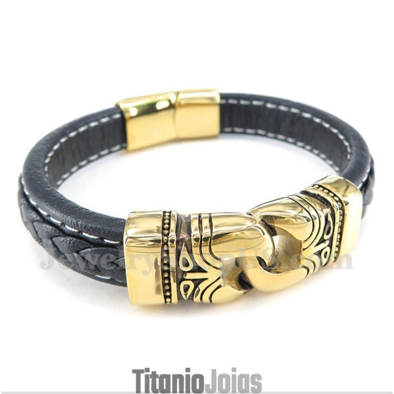 Pulseira Masculina De Couro Banhada A Ouro E Titânio Pulseira Masculina De Couro Banhada A Ouro E Titânio