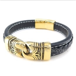 Pulseira Masculina De Couro Banhada A Ouro E Titânio