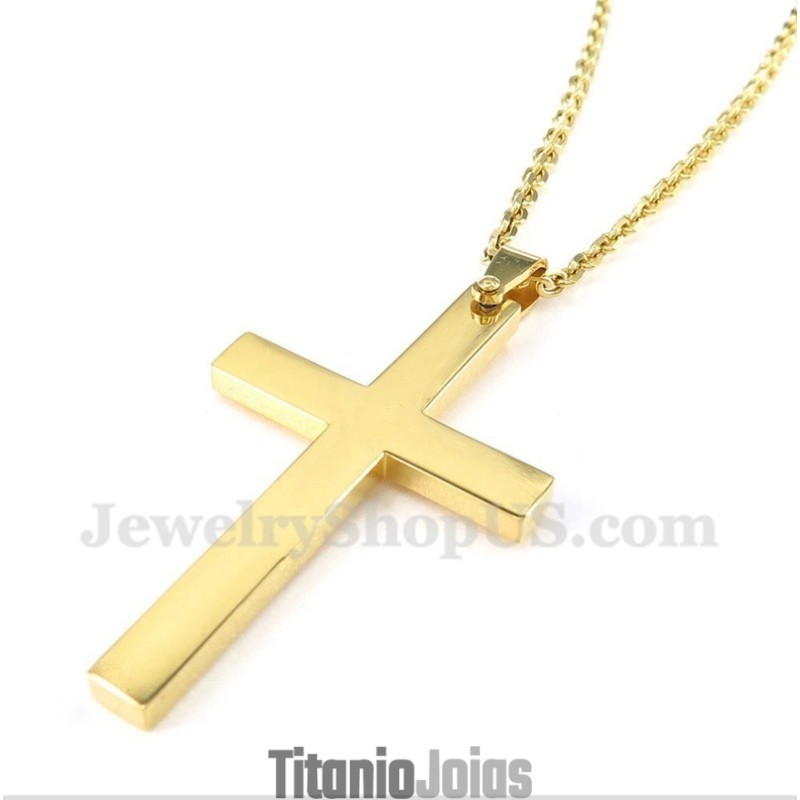 Pingente De Cruz De Titânio Dourado Masculino Com Corrente Grátis Pingente De Cruz De Titânio Dourado Masculino Com Corrente Grátis