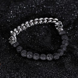 Pulseira De Titânio Com Contas De Pedra Vulcânica E Caveira De Buda